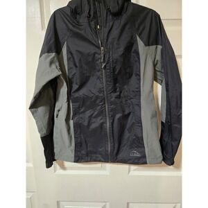 LL Bean Jacket Womens M Gray Black Hooded Nylon Shell Rain Waterproof Coat